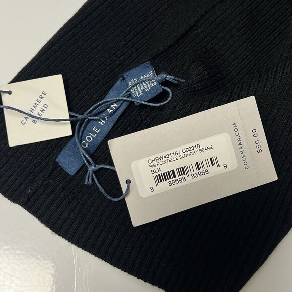 Cole Haan Men's Rib Pointelle Slouchy No Cuff Wool Beanie Hat Black Unisex - Picture 8 of 8